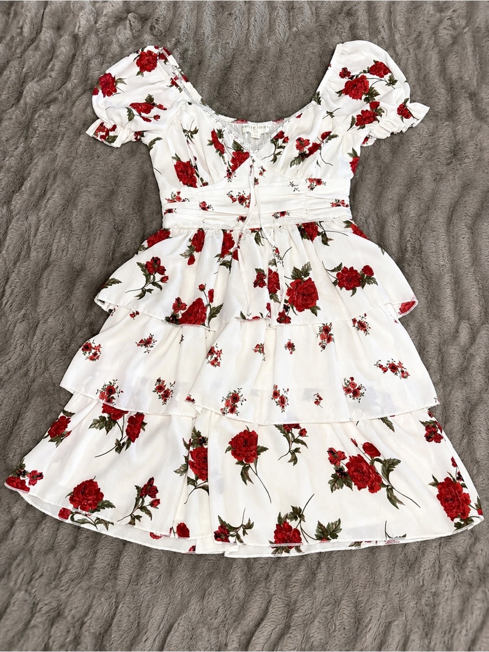 White Mini Dress with Red Rose Print and Puff Sleeves